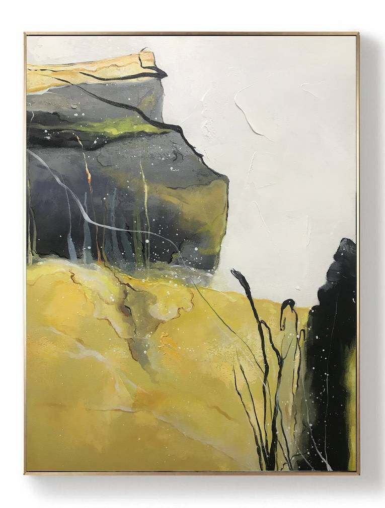 Abstract Yellow Painting Grey Abstract Canvas Wall Art LKN3Q wall art